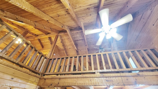 room details featuring beamed ceiling, ceiling fan, and wood ceiling