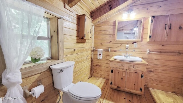 bathroom featuring wood walls, wood-type flooring, and wood ceiling