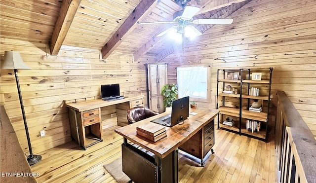 office featuring light wood-type flooring, wood ceiling, ceiling fan, wooden walls, and vaulted ceiling with beams