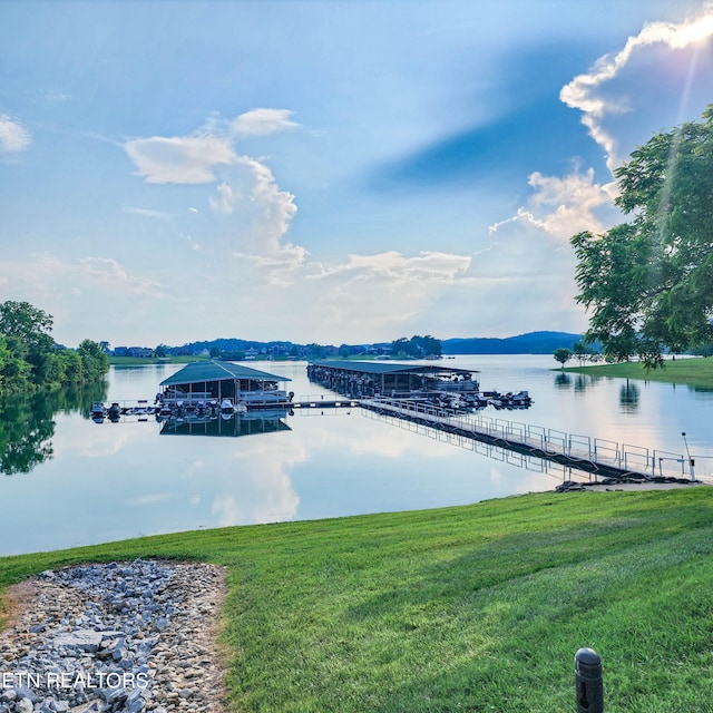 property view of water with a dock