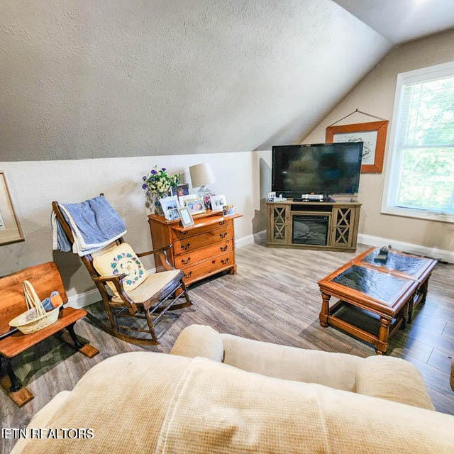 living room featuring hardwood / wood-style flooring, a textured ceiling, and vaulted ceiling