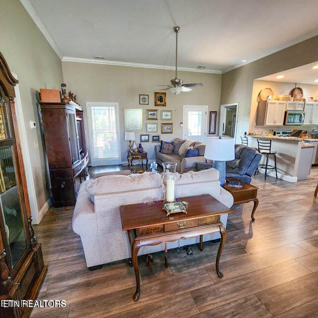 living room featuring crown molding, ceiling fan, and dark hardwood / wood-style flooring