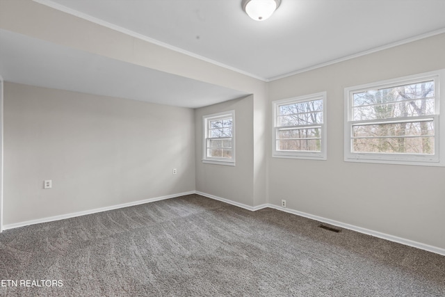 unfurnished room featuring visible vents, baseboards, carpet flooring, and ornamental molding