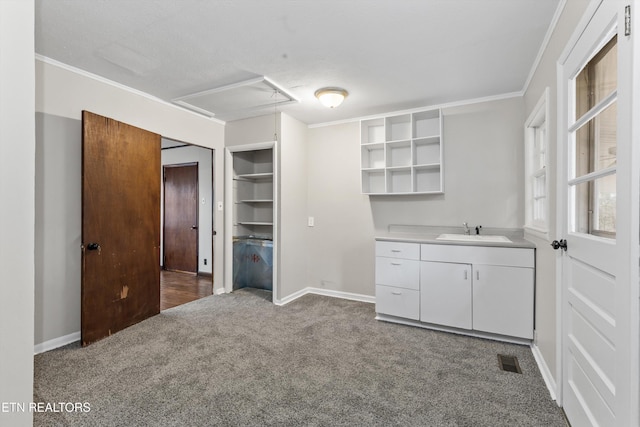 kitchen with visible vents, white cabinets, carpet, open shelves, and a sink