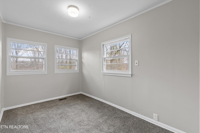 empty room with a wealth of natural light, crown molding, and carpet