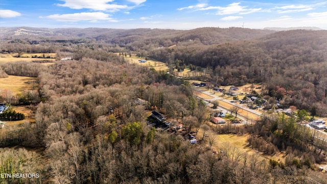 drone / aerial view featuring a mountain view and a wooded view