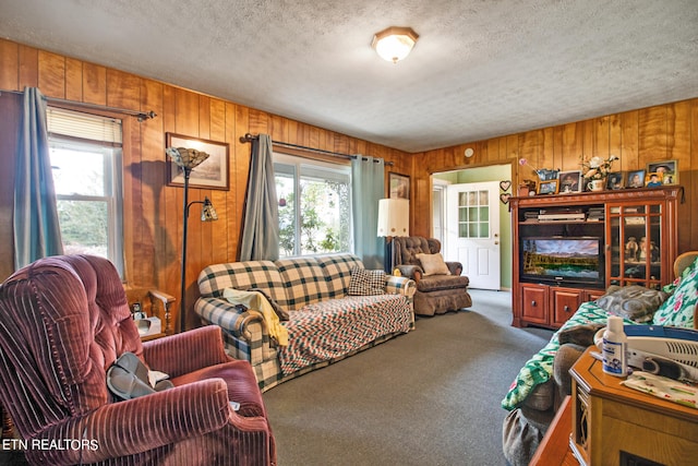 living room featuring wood walls, plenty of natural light, a textured ceiling, and carpet flooring