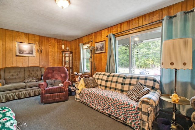 carpeted living room with a textured ceiling and wood walls