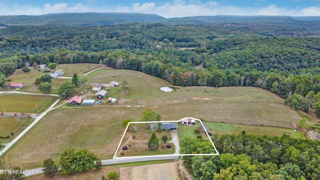 aerial view featuring a wooded view