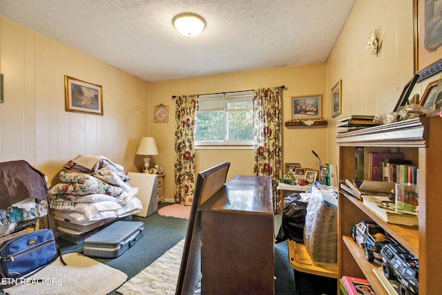 carpeted office with a textured ceiling