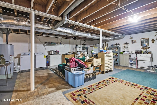 unfinished basement featuring independent washer and dryer, electric water heater, and concrete block wall