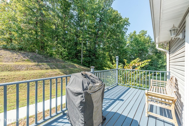 wooden terrace with grilling area and a lawn