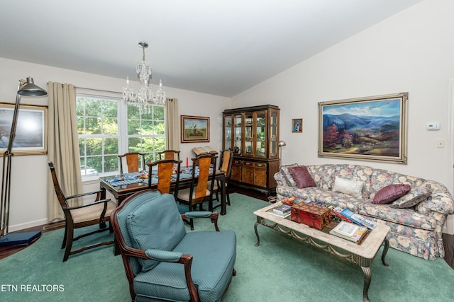 living room with lofted ceiling and a notable chandelier