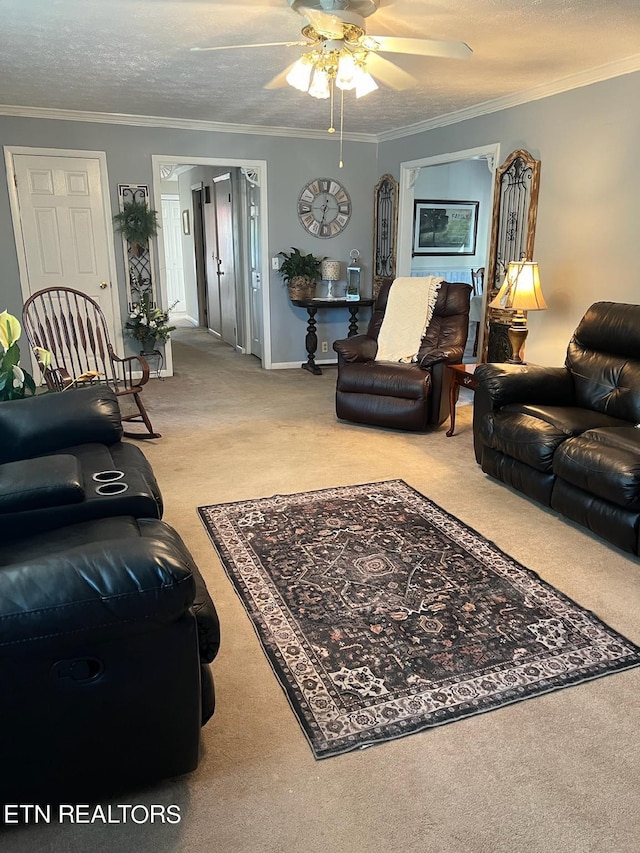 living room featuring crown molding, light colored carpet, a textured ceiling, and ceiling fan