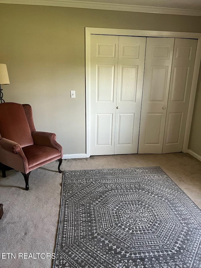 living area featuring ornamental molding and carpet