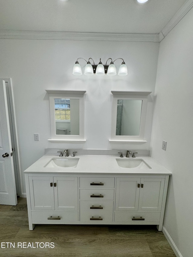 bathroom featuring vanity, wood-type flooring, and ornamental molding