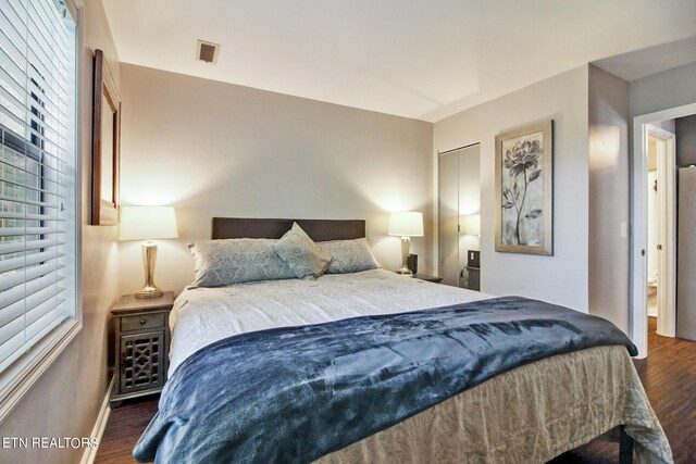 bedroom featuring dark hardwood / wood-style flooring and a closet