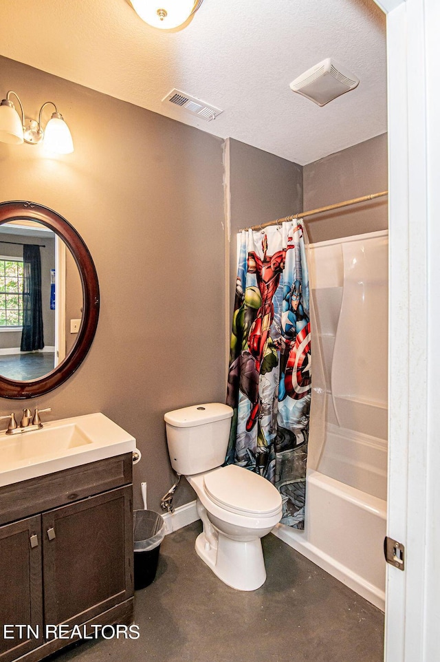 full bath featuring shower / tub combo with curtain, finished concrete flooring, visible vents, toilet, and vanity