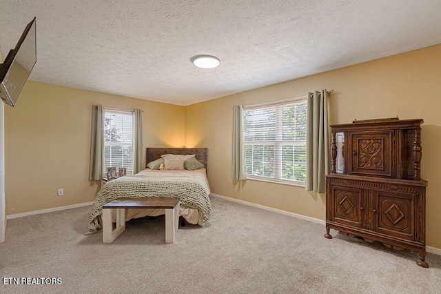 bedroom with light carpet and a textured ceiling