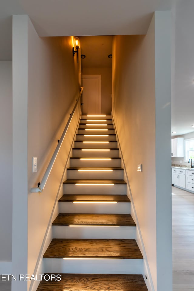 staircase with hardwood / wood-style flooring and sink