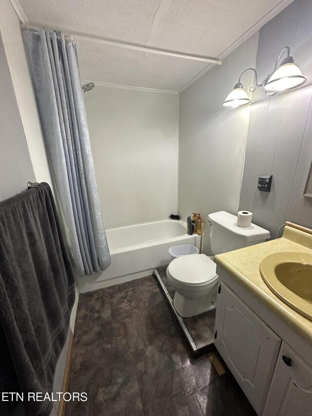 full bathroom with toilet, shower / bath combo with shower curtain, vanity, tile patterned floors, and a textured ceiling