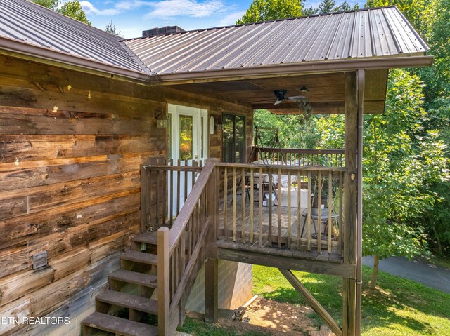 wooden deck with ceiling fan