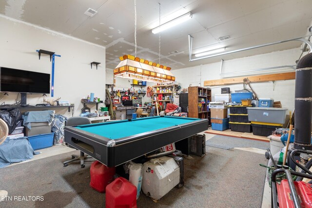 recreation room with pool table and carpet flooring