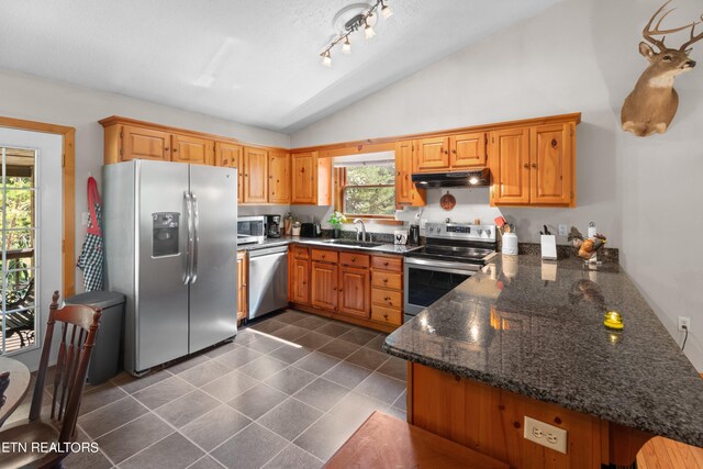 kitchen with dark stone countertops, dark tile patterned flooring, vaulted ceiling, sink, and appliances with stainless steel finishes