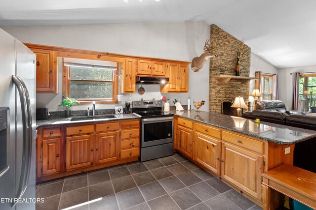 kitchen featuring vaulted ceiling, a large fireplace, stainless steel appliances, sink, and kitchen peninsula