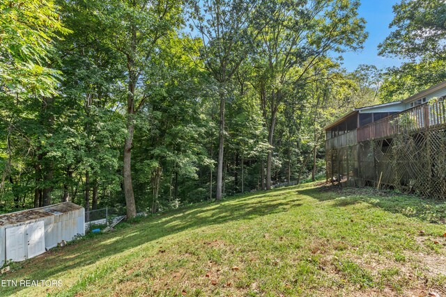 view of yard featuring a storage shed and a deck