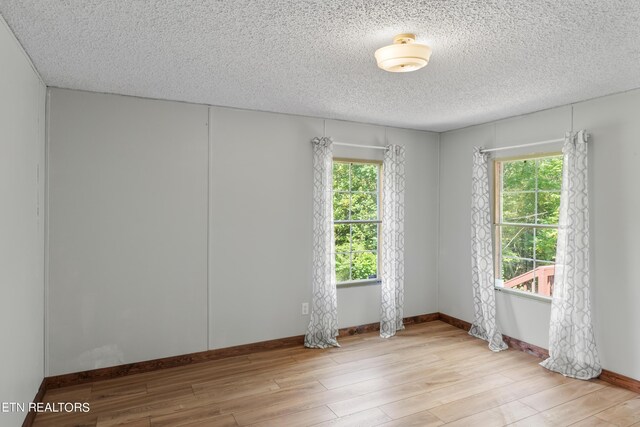 spare room with a wealth of natural light, light hardwood / wood-style flooring, and a textured ceiling