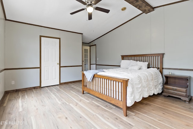 bedroom with vaulted ceiling with beams, ceiling fan, and light wood-type flooring