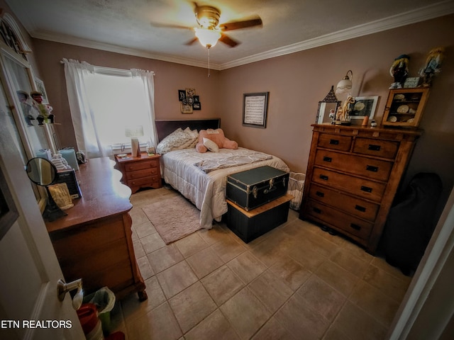 bedroom with ceiling fan, light tile patterned floors, and crown molding