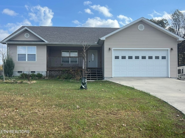 ranch-style home with a front yard, a garage, and covered porch