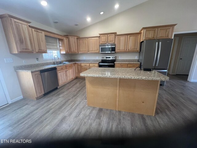 kitchen featuring hardwood / wood-style flooring, sink, a center island, appliances with stainless steel finishes, and light stone counters