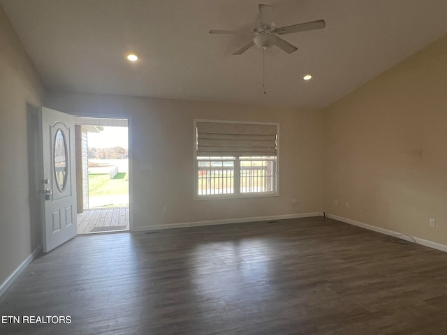 entrance foyer with dark wood-type flooring, ceiling fan, and lofted ceiling