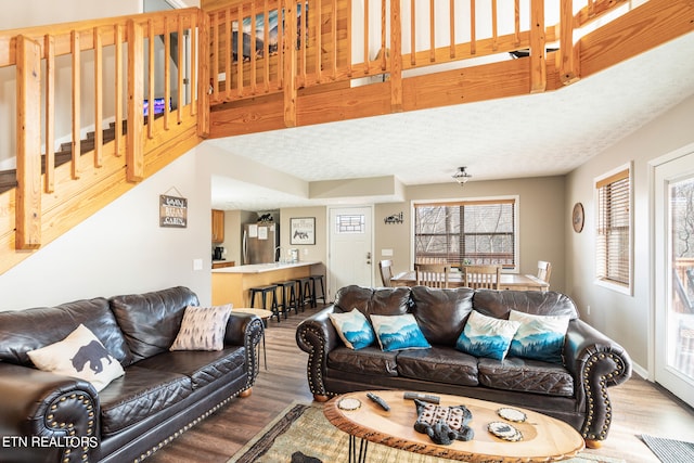 living room with a textured ceiling and hardwood / wood-style floors