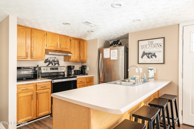 kitchen featuring dark hardwood / wood-style flooring, a kitchen bar, sink, kitchen peninsula, and stainless steel appliances