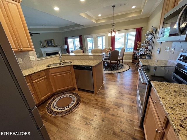 kitchen featuring a peninsula, a sink, appliances with stainless steel finishes, hardwood / wood-style floors, and a raised ceiling