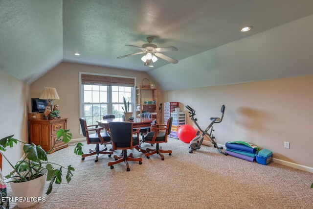 playroom with lofted ceiling, carpet, ceiling fan, and a textured ceiling