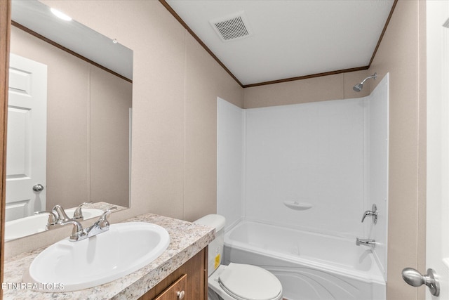 bathroom featuring visible vents, toilet, ornamental molding, and bathing tub / shower combination