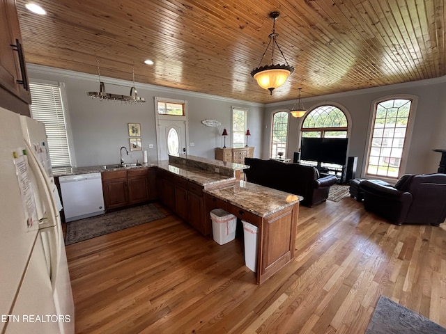 kitchen featuring white appliances, light wood-style flooring, wood ceiling, and crown molding