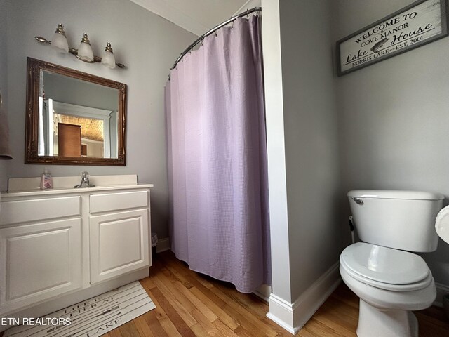 bathroom featuring baseboards, vanity, toilet, and wood finished floors