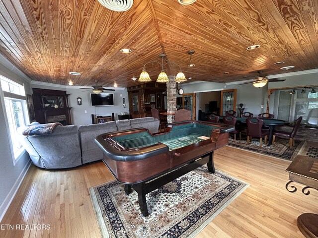 game room with hardwood / wood-style floors, crown molding, ceiling fan, wood ceiling, and brick wall