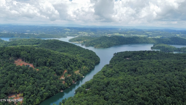 birds eye view of property featuring a forest view and a water view