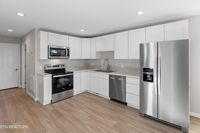 kitchen featuring recessed lighting, a sink, light wood-style floors, white cabinets, and appliances with stainless steel finishes