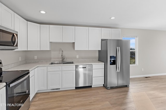 kitchen with light wood-style flooring, a sink, visible vents, white cabinets, and appliances with stainless steel finishes