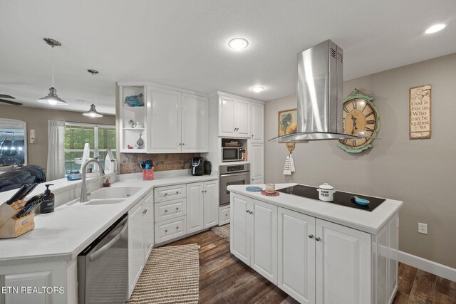 kitchen featuring decorative light fixtures, stainless steel appliances, island range hood, sink, and dark hardwood / wood-style floors