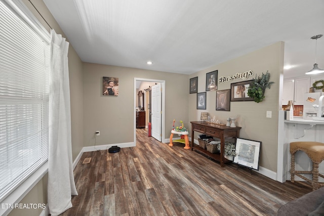 living room with dark wood-type flooring