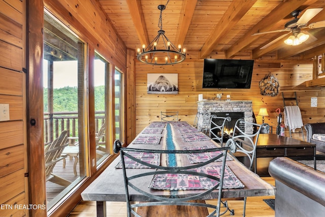 interior space with a fireplace, wood ceiling, hardwood / wood-style floors, and beam ceiling